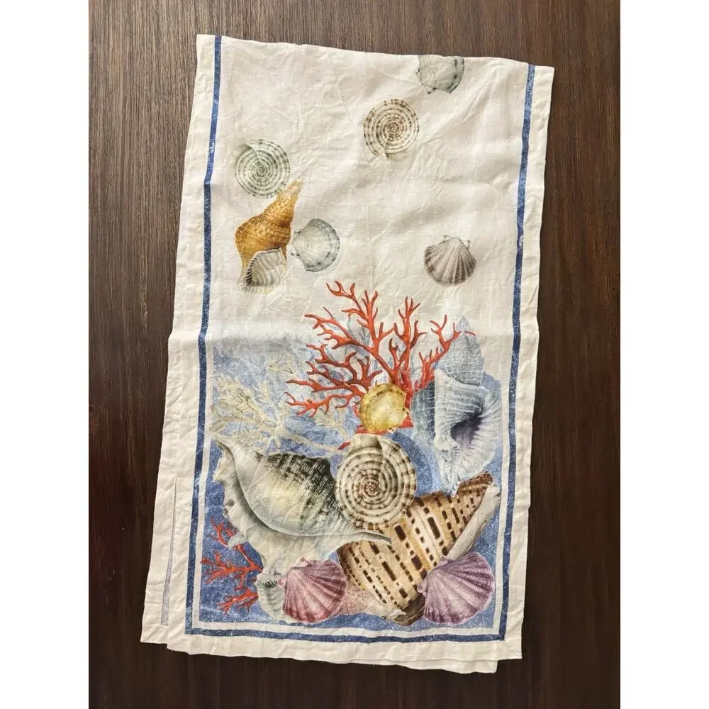Tessitura Toscana Telerie Runner 100% Linen Tablecloth Italy Coastal Shell Print